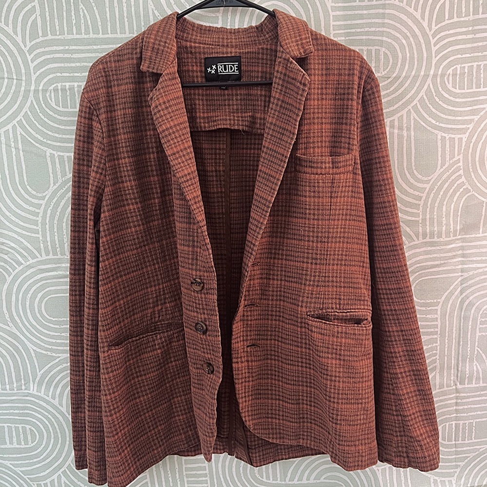 RUDE Plaid Casual Blazer Jacket Men’s Medium Brown Academia Layering